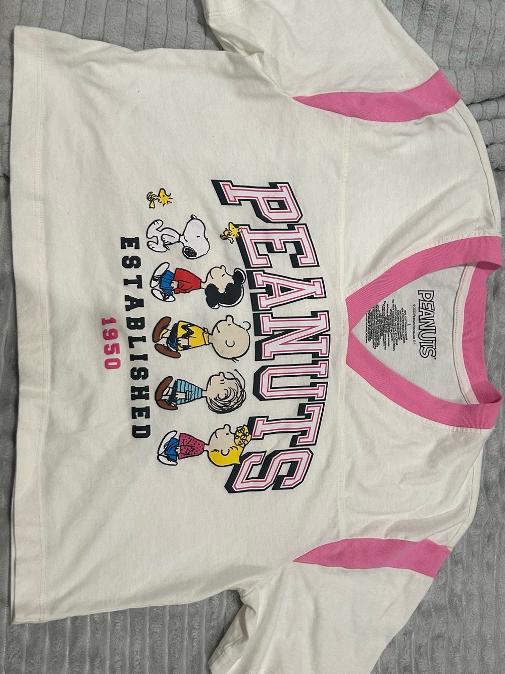 Peanuts White Tee with Pink Ringer & Sleeve Accents